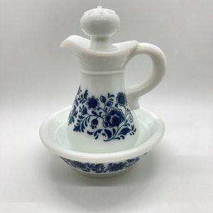 Avon Delft Blue Milk Glass 6" Bath Oil Pitcher Bowl Skin So Soft Vintage 70s